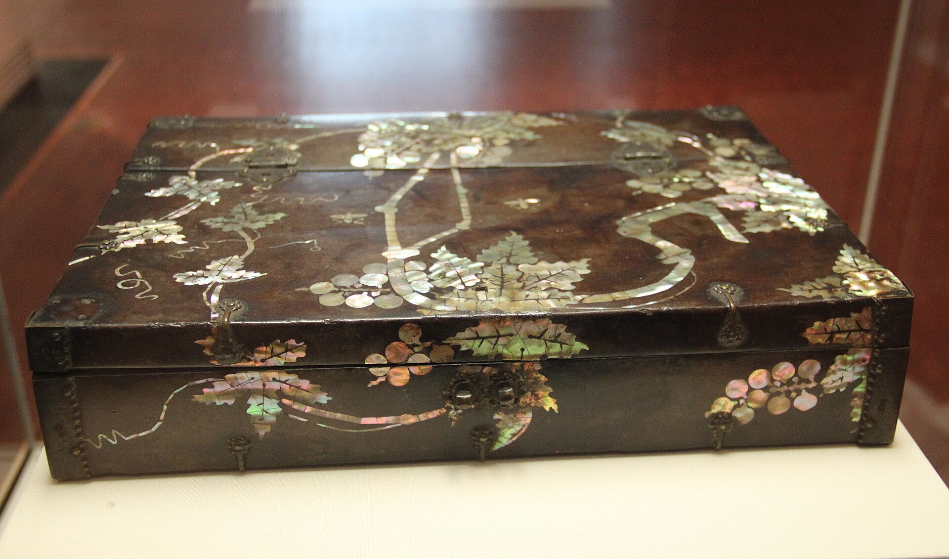 A Joseon-era document box of black lacquer inlaid with shimmering mother-of-pearl